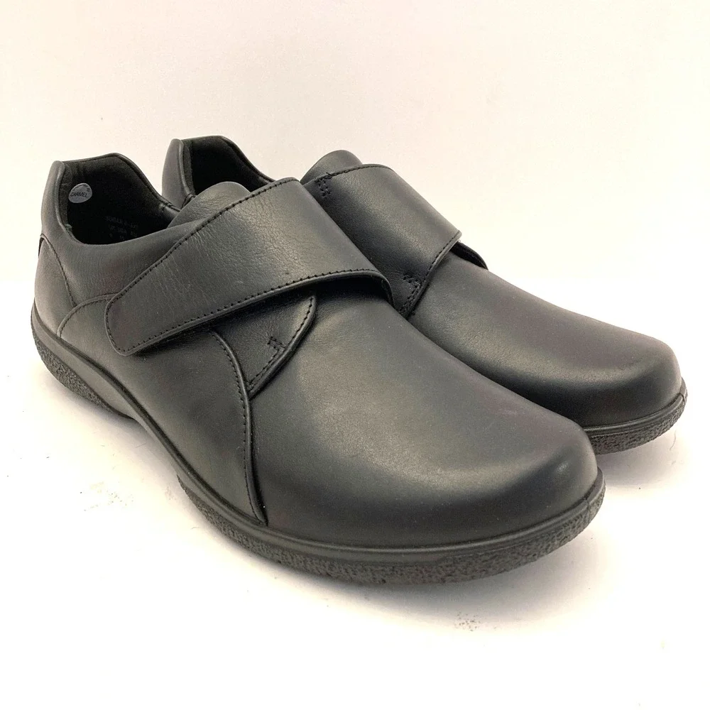 Hotter Sugar II Shoes Womens 11 Wide EXF Hook Loop Close Monkstrap Black Leather